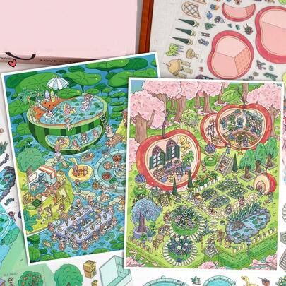 2 hojas de pegatinas para mascotas + 1 hoja de escena en miniatura de cartón, pegatinas de paisaje microestereoscópico 3D de gran tamaño, manualidades DIY para aliviar el estrés y scrapbooking