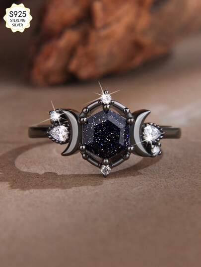 1枚优雅枪黑色镀层合成青金石戒指，饰有月亮和星星图案，适合婚礼、订婚和日常佩戴，复古风格戒指