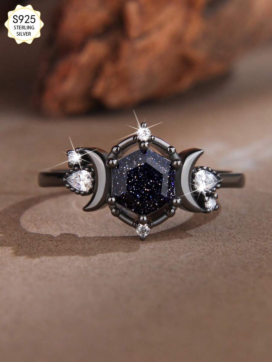 1枚优雅枪黑色镀层合成青金石戒指，饰有月亮和星星图案，适合婚礼、订婚和日常佩戴，复古风格戒指