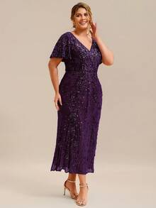 EVERPRETTY Vestido midi de sirena con escote en V y mangas cortas con lentejuelas para mujer de talla grande, vestido de noche morado adecuado para cena formal, vacaciones, invitada de boda, vestido de fiesta formal que se ajusta a la curva para ocasiones de primavera - Morado - Ver 4