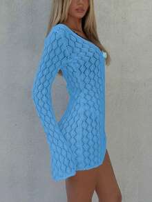 女士V领透视网纱镂空系结纽扣钩编长袖罩衫，性感纯色修身迷你针织沙滩比基尼连衣裙，春秋季 - 淺藍色 - 查看 5