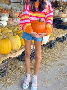 Women's Fashionable Color Block Long Sleeve Contrast Striped Christmas Crew Neck Drop Shoulder Pullover Oversize Top Knit Fall Winter Sweater - Multicolor - View 9