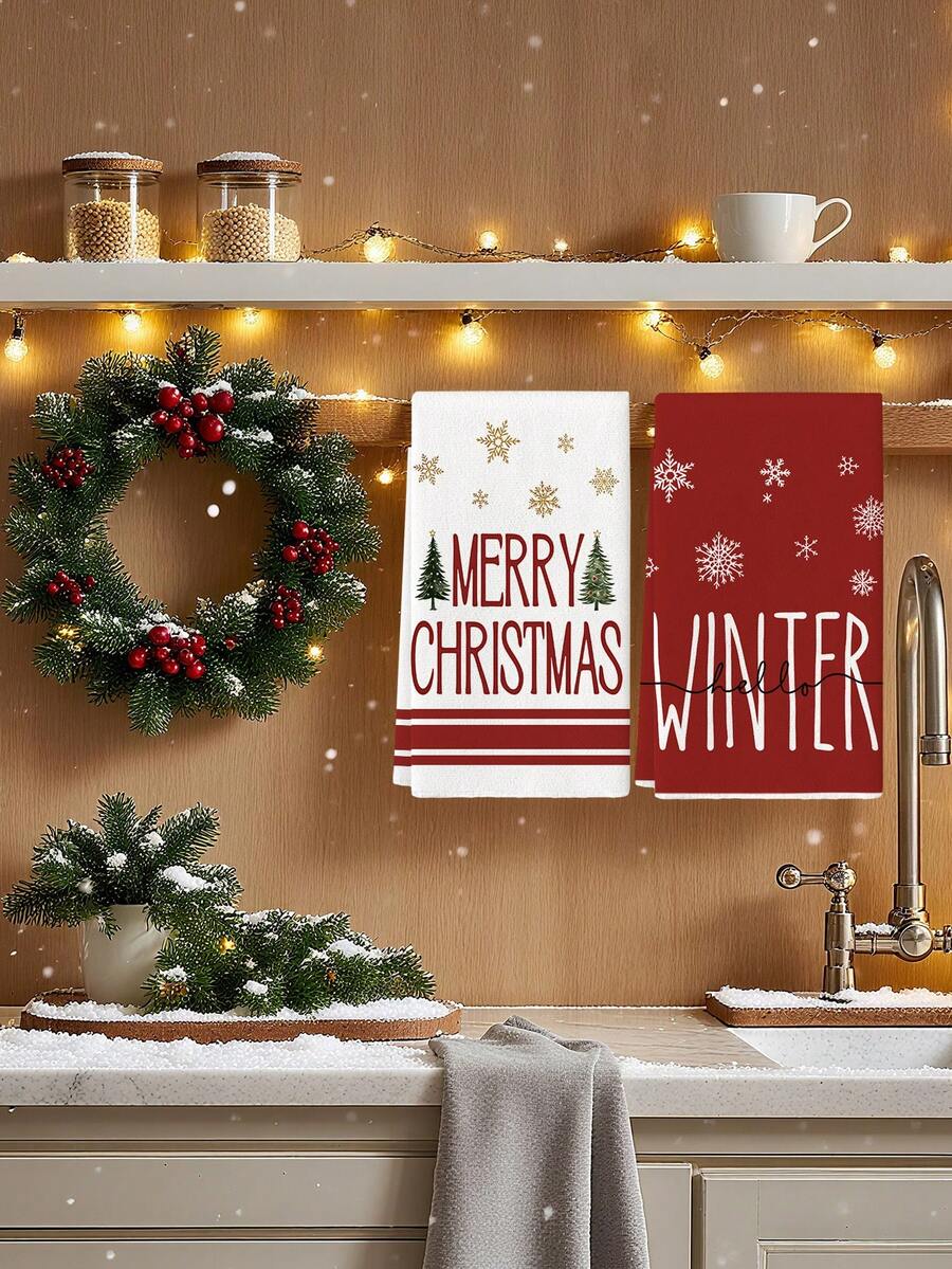 2 Pcs Poinsettia Pine Cone Christmas Reindeer Pine Tree Kitchen Towels Colorful Dish Towels Cooking Hand Towels Farmhouse Home Kitchen Dining Room Bathroom Decorative Hand Towels - Red and White - View 1
