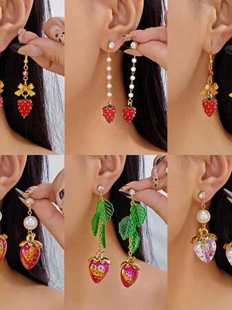 草莓、柠檬、桃子、石榴吊坠耳环，可爱水果蝴蝶结钩耳环，精致水果饰品，适合草莓节、生日派对、角色扮演、女性圣诞礼物