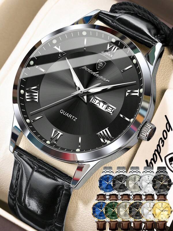 1 pezzo Orologio da polso al quarzo casual da uomo in acciaio inossidabile con data e giorno della settimana, resistente all'acqua fino a 30 metri, funzione luminosa, orologio da uomo per affari, con scatola, regalo per uomini in occasione di vacanze