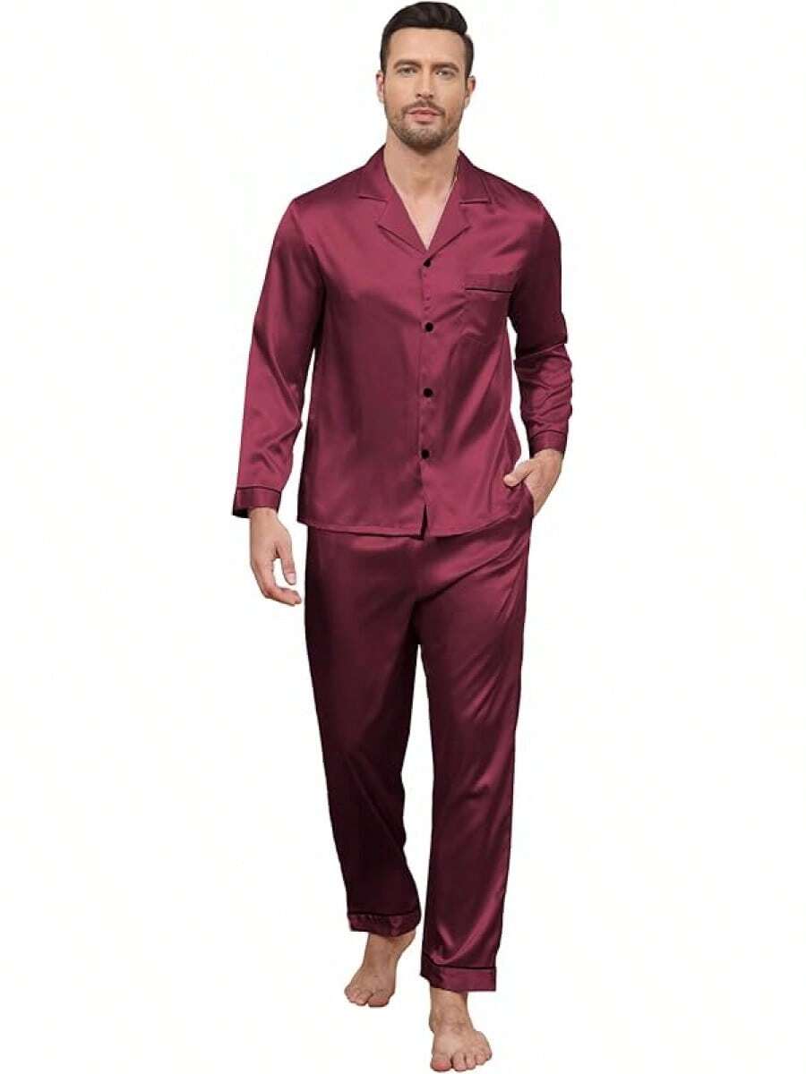 BigKing Men's Silk Satin Pajama Set, Soft Long Sleeve Button Down Pyjama Set - Grey - View 1
