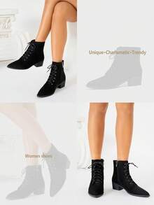 Bottes de mode pour femmes automne/hiver, nouvelles bottes de cheville vintage avec boucle en métal, bottes en daim synthétique à bout pointu et talon épais, bottes de navettage polyvalentes rétro avec fermeture éclair latérale, bottes de cheville bordeaux - Noir - Voir 9