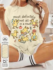 Trenfashion Women's Oversized Short Sleeve Graphic Tee With 'Most Definitely Not All In A Row' Funny Duck Doodle Print, Teacher Life Humorous Casual T-Shirt For Women Women's Cute Duck And "Row Of Ducks" Slogan T-Shirt - Yellow Short Sleeve Round Neck Top With Themed Duck (Books, Pencils, Apples) - Breathable Summer Spring Casual Wear, Suitable For Teachers, Events, And Daily Wear Unisex Plus Size T Shirts - Màu be - Xem 2