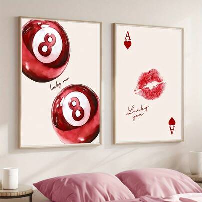 1/2pcs Red Lips No. 8 Billiards Poster, Lucky Red Me Poster, Aesthetic Room Decoration, Fashionable Home Decoration, Apartment DecoraWall Art, Bold Style Wall Painting, Frameless Creative Poster Suitable For Home And Office Bedroom Corridor Classroom Decoration, Home Oil Painting And Mural Art Decoration