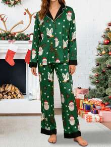Women's Christmas Pajamas Set Long Sleeve V Neck Stocking Tree Print Tops And Pants Lounge Wear 2 Pcs Set