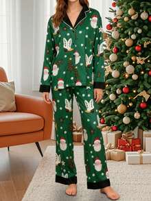 Women's Christmas Pajamas Set Long Sleeve V Neck Stocking Tree Print Tops And Pants Lounge Wear 2 Pcs Set