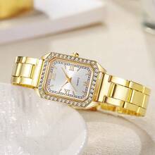 1 buc. Ceas de damă cu cuarț la modă, cu cadran pătrat simplu, carcasă placată cu aur de înaltă calitate, curea din oțel inoxidabil, potrivit pentru ziua de naștere, aniversare, cadou de Ziua Mamei