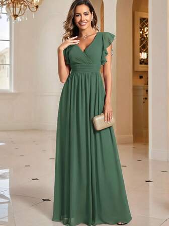 EVERPRETTY Vestido de dama de honor de gasa verde con cuello en V, fruncido y asimétrico, adecuado para bodas, fiestas de cumpleaños, Día de San Valentín