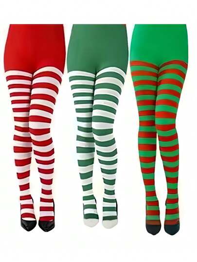 3pcs Women's Adult Striped Christmas Roleplay High Waist Leggings Set (White & Green, White & Red, Red & Green), Elastic, Opaque, Suitable For Christmas Party, New Year Party, Masquerade, Roleplay, Stage Performance, Birthday Party