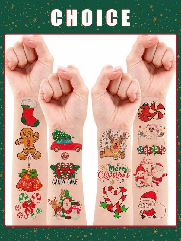 10/20pcs Xmas Temporary Tattoos, Christmas Sticker Party Accessories, Funny Santa Claus Elk Deer Snowman Christmas Tattoos For Kids Children, 3D Fake Tattoos Christmas Home Decoration Ornaments