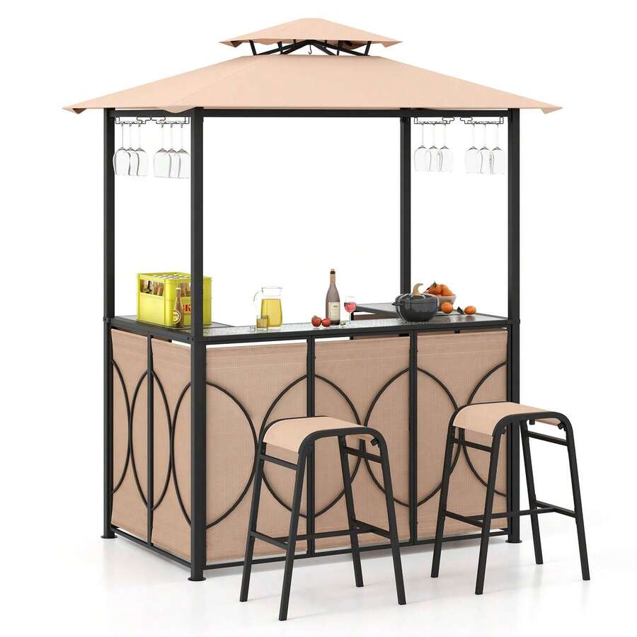 3 PCS Patio Bar Set W/ Tempered Glass Bar Table Metal Storage Shelves For Garden - 預設 - 查看 1