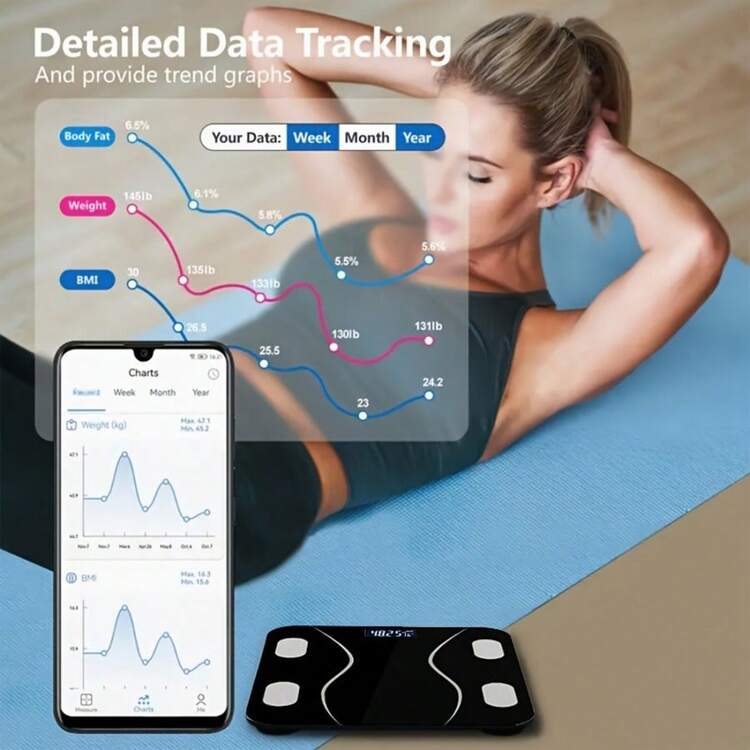 Báscula de grasa corporal inteligente, báscula digital de peso, con pantalla retroiluminada LED de vidrio templado, se puede conectar a través de la aplicación móvil Bluetooth, es un dispositivo de medición de peso electrónico preciso - Multicolor - Añade 3