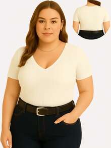 Kit com 3 blusas plus size decote v básica feminina - preto/azul turquesa/off - Visão 5