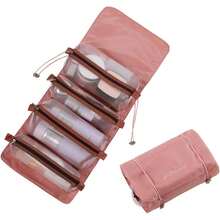 Bolsa de Maquillaje Plegable de Viaje Enrollable, Bolsa de Cosméticos 4 en 1 Desmontable Multifuncional, Bolsa de Aseo de Viaje Enrollable para Mujer con 4 Bolsas Desmontables de Malla, Colgante - Negro - Ver 10