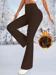女士保暖加厚高腰喇叭裤，冬季健身保暖加厚打底裤柔软瑜伽裤，女装，女士冬季服装 - 棕色 - 查看 3