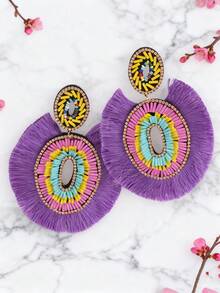 1 par de pendientes de mujer con borlas de forma elíptica de cuentas de vidrio hechas a mano