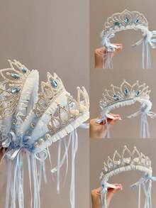 1pc Girls' Fairy Icy Snow Headband, Sweet Princess Ribbon Veil Crown Hair Accessory - Blue - View 1