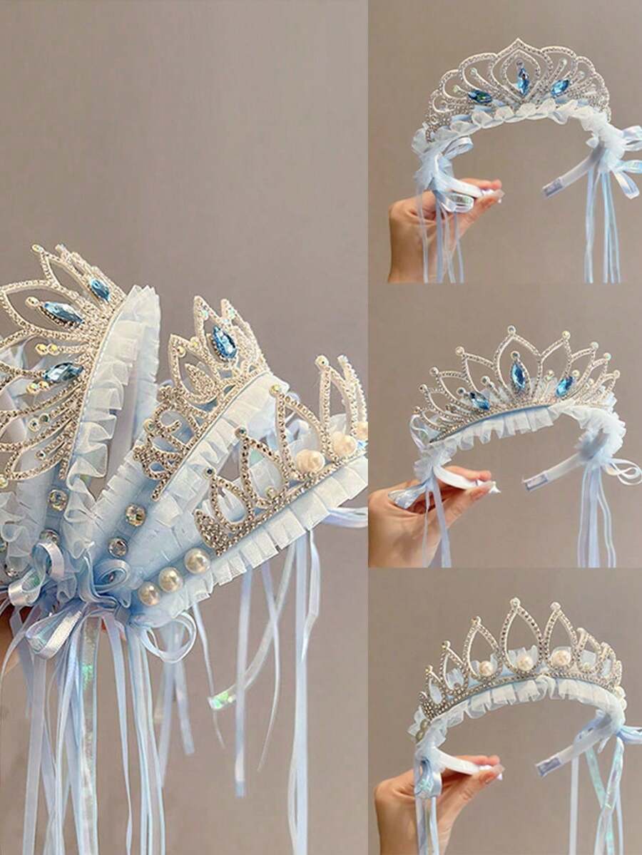 1pc Girls' Fairy Icy Snow Headband, Sweet Princess Ribbon Veil Crown Hair Accessory - Blue - View 1