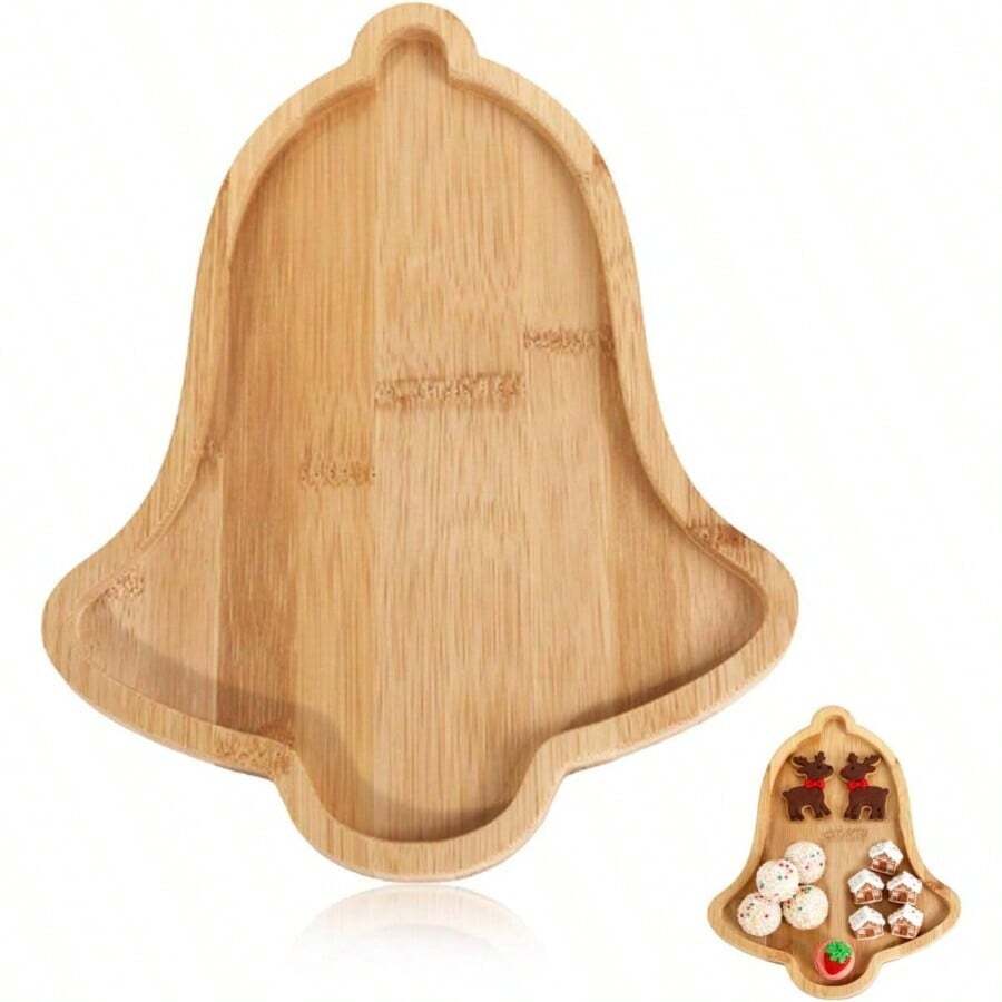 Wooden Tree Charcuterie Board, 28cm Xmas Snack Cookie Tray Platter Serving Dish Plate Fruit Bowl, Veggie Food Plate Cutting Board Xmas Holiday Table Decorations Supplies Bell