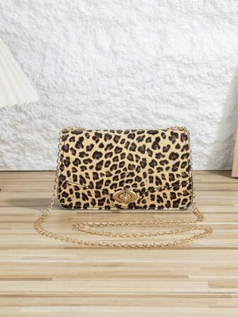 Leopard Print Casual Small Square Bag, Crossbody Chain Strap Animal Pattern Mini Purse