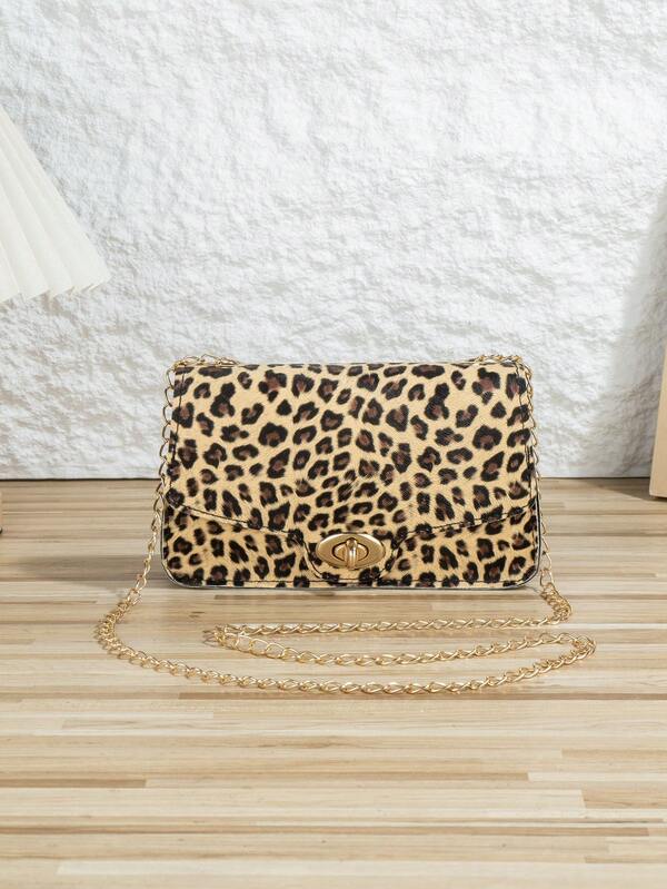 Bolsa pequena quadrada casual com estampa de leopardo, alça transversal de corrente, mini bolsa com estampa animal.