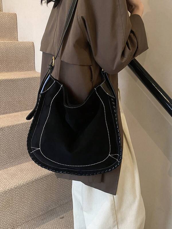 1pc Black Suede Crescent Moon Shaped Vintage Casual Shoulder Bag