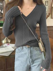Women's V-Neck Ribbed Slim Fit Pullover Sweater, Versatile Long Sleeve Knit Top