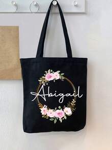 2pcs/Set Customized Name With Floral Wreath Pattern Tassel Canvas Bag And Makeup Pouch Set, Women'S Shoulder Bag, Shopping Bag, Portable Casual Storage Handbag, Suitable For Daily Travel, Beach Vacation, Large Capacity Shopping Bag