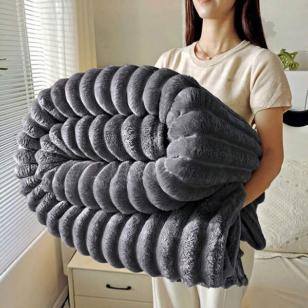 1pc Thick, Oversized Drawstring Cutout Faux Rabbit Fur Plush Milk Plush Flannel Blanket. Soft Fur, Double-Sided Warmth, Multipurpose Use. Suitable For Office Naps, Sofa, Travel, Air Conditioning, All-Season, Whole Family Use.