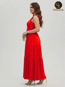 Women's Plus Size Long Dress, Three Marias Style, Elegant Evangelical Fashion, Party Dress, Sleeveless, Strapless, Ruffled, Dune - 紅色 - 查看 5