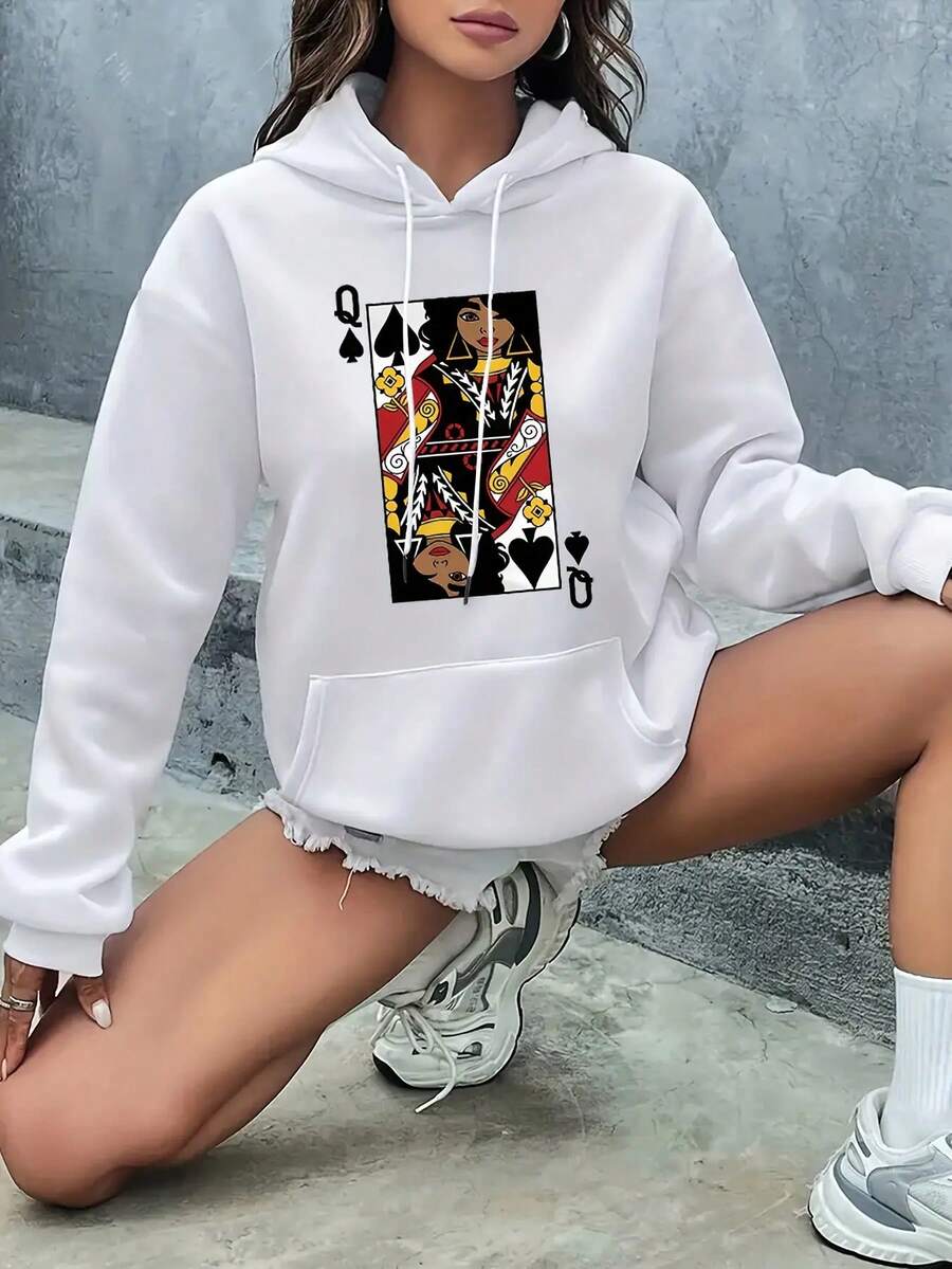 Sudadera con capucha de impresión de cartas de reina para mujeres - Retrato de reina de copas/picas/corazones/diamantes, sudadera con bolsillo canguro, suéter de invierno de manga larga casual, lavable a máquina para atuendos de invierno - Blanco - Ver 1