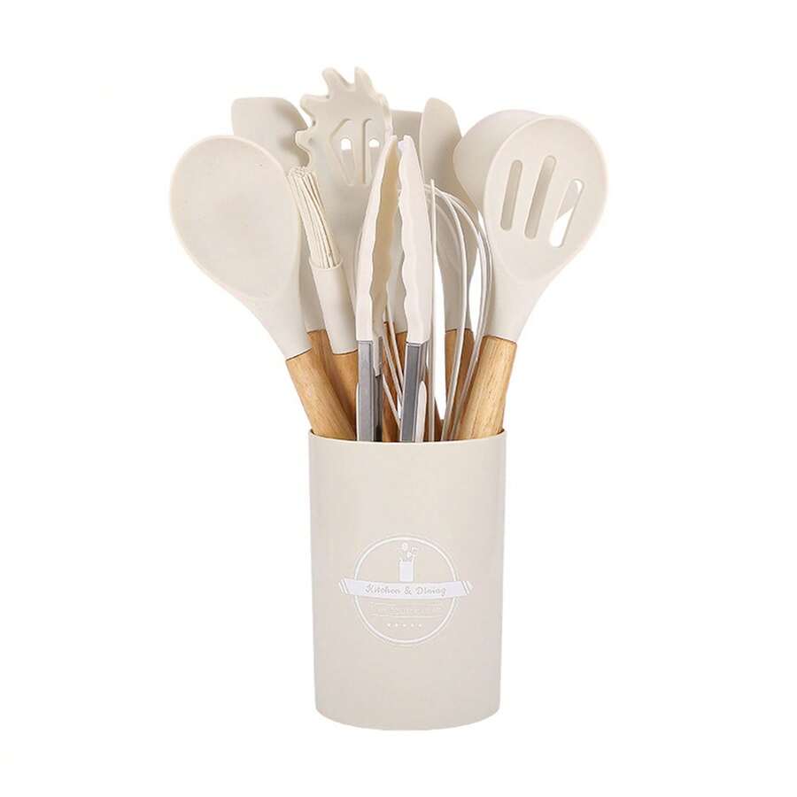 12-Piece Silicone Kitchen Utensil Set With Wooden Handles, Simple Kitchen-Style Cooking Tools With Storage Bucket, Colorful Kitchen Utensil Set In A Box, Multifunctional Spatula And Spoon Combination, Gift Recommendation For The Winter Kitchen - White - View 1