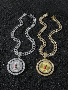 1pc Men's Hip Hop Style Fully Iced Out Rotating Religious Virgin Mary Pendant Necklace