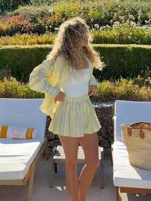 Bộ 2 trang phục thường ngày cho nữ, áo sơ mi sọc vàng cổ bẻ cài nút phía trước và quần short, thích hợp mặc hàng ngày - Màu vàng - Xem 6