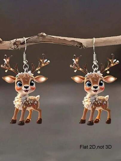 2 Stück 2D süße Weihnachts-Rentier Acryl Tier Anhänger Ohrringe, geeignet für Frauen zum Tragen auf Weihnachtsferien Partys