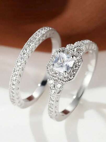 2 Pcs/Set Fashion Cubic Zirconia Ring For Women For Wedding Engagement Anniversary Party Jewelry Valentine's Day Gift