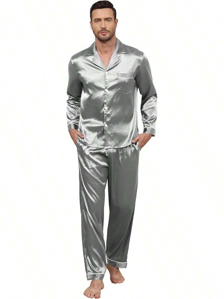 BigKing Men's Silk Satin Pajama Set, Soft Long Sleeve Button Down Pyjama Set - White - View 1
