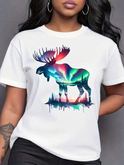 Camiseta de Mujer con Diseño de Alce y Aurora Boreal, Estampado de Bosque y Lago en Colores Neón, Ropa Casual para Amantes de la Naturaleza y el Arte Abstracto