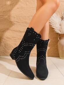 New French Rivet Pointed Toe Ankle Boots For Women, Chunky Heel Suede Short Boots, Skinny Boots
