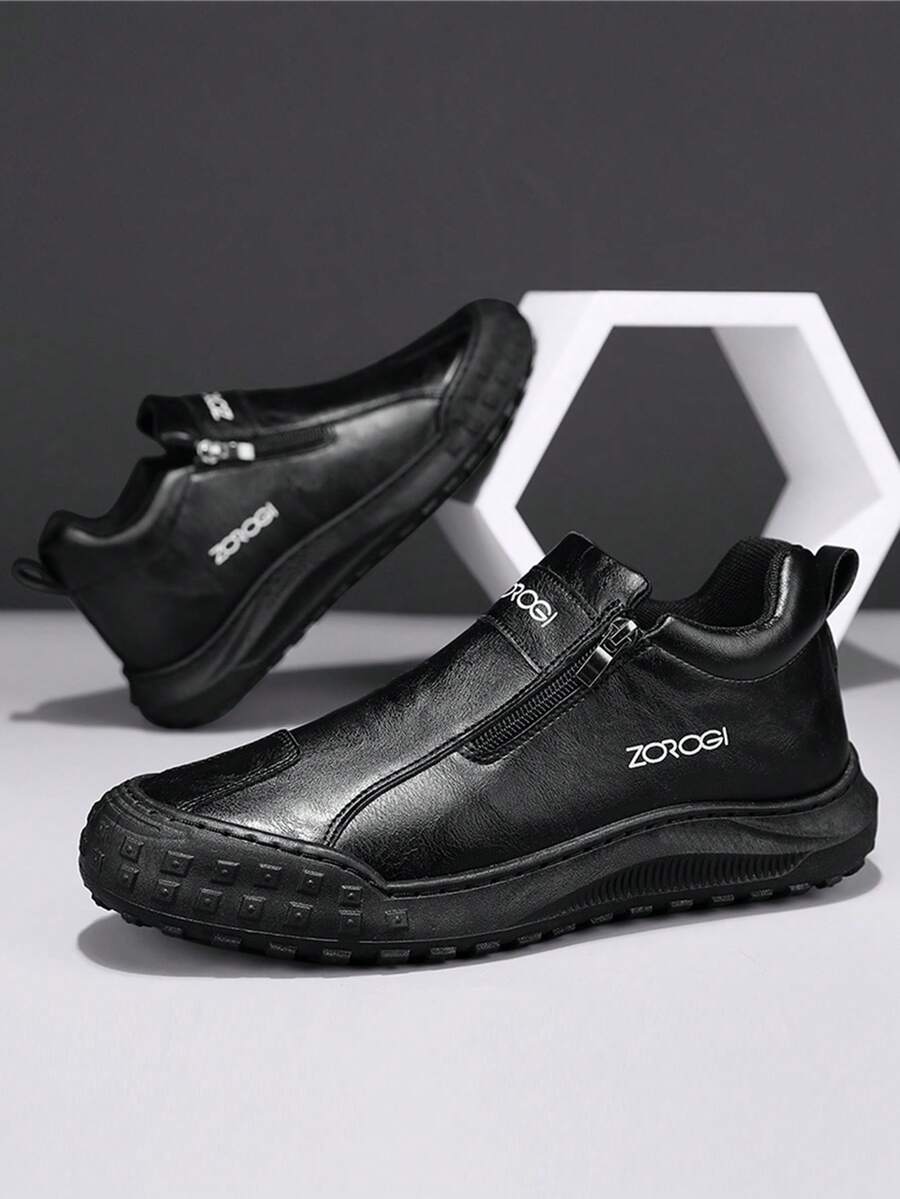 男士休闲运动鞋 户外皮鞋 时尚拉链低帮踝靴 防水皮靴 休闲乐福鞋 防水防滑运动鞋 时尚厚底增高鞋 复古风双拉链个性做旧彩色皮鞋 防水真皮低帮靴 - 黑色 - 查看 1