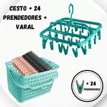 Kit Lavanderia VERDE Varal Roupas Íntimas 26 Grampos + Cesto Verde + 24 Prendedores de Roupas - Verde - Visão 1