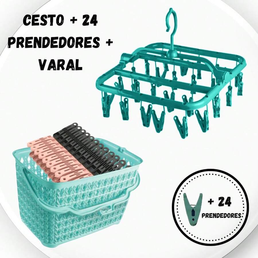 Kit Lavanderia VERDE Varal Roupas Íntimas 26 Grampos + Cesto Verde + 24 Prendedores de Roupas - Verde - Visão 1