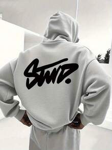 Sudadera con capucha extragrande para hombres con impresión de logo de graffiti en la espalda - Sudadera blanca de streetwear, sudadera casual de ajuste holgado con bolsillo y letras negras, suéter de invierno lavable a máquina para estilo urbano (sin cinturón), sudadera con capucha para hombres, sudaderas para hombres, suéteres para hombres, sudadera gruesa, manga larga para hombres, sudadera con capucha para hombres, sudaderas para hombres, sudaderas para hombres, sudaderas para hombres, sudadera Essentials, sudadera extragrande para hombres, ropa para hombres - Gris - Ver 1