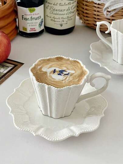 1pc French Vintage Embossed Lace Ceramic Cup & Saucer Set, Coffee Latte Art Cup, Afternoon Tea Cup