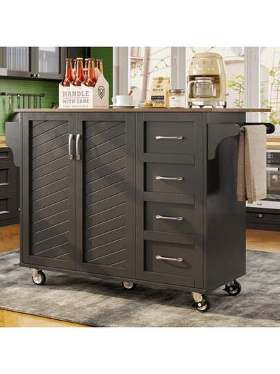 Kitchen Trolley Diagonally Gestreepte Cabinet Doors, Removable Towel Spice Rack, Adjustable Dividers, Sideboard, Tafel Top Wood Grain, Zwart view 3